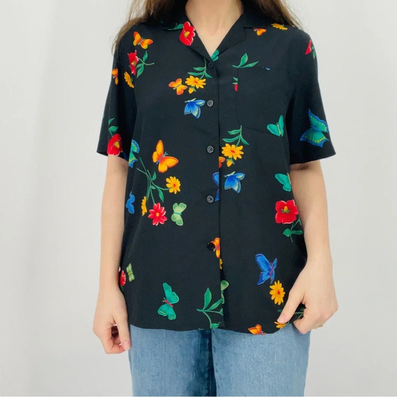 vintage ebony enchanted butterfly garden floral button down top cottagecore L - Picture 2 of 8